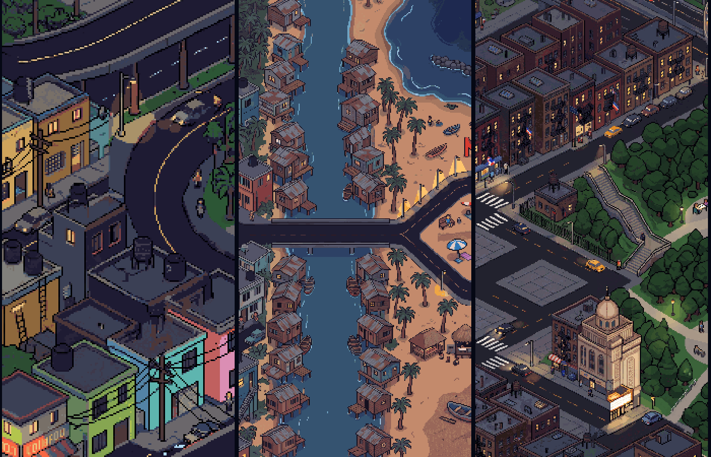 The night maps of La Esquina, Nagua and Los Heights side by side